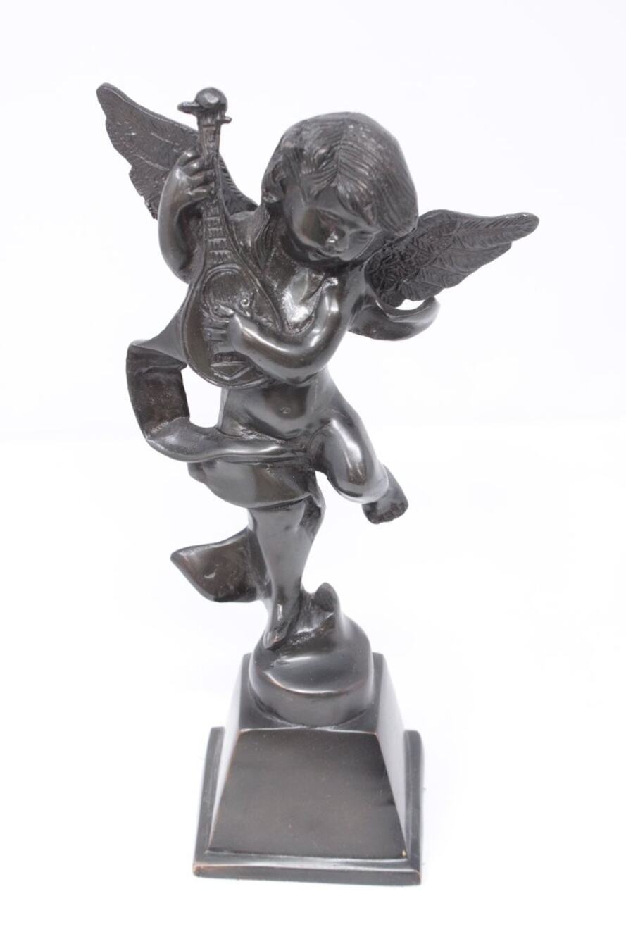 Vintage Cast Bronze Cherub Putti Angel Statue Playing Mandolin Lute 11" 4 lbs